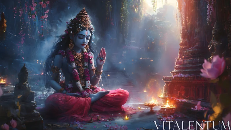 Divine blue goddess in lotus meditation amid temple fires.