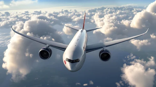 Photorealistic widebody airliner cutting through stratocumulus skies.