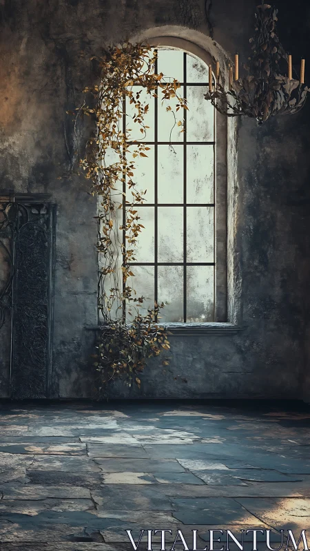 Sunlit ivy climbs a weathered arched window in silence.