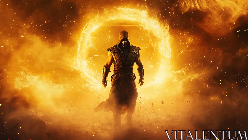 Hooded warrior strides through blazing fiery portal.