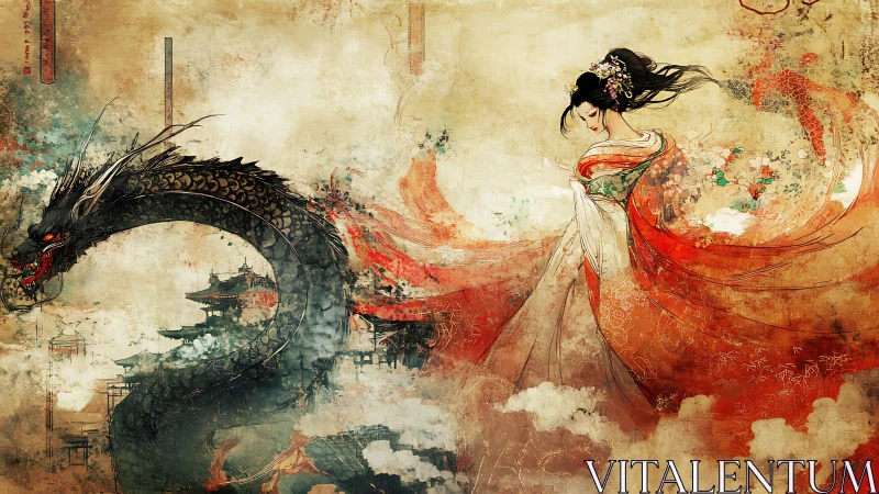 Silken empress drifting beside a storm-breathed dragon spirit.