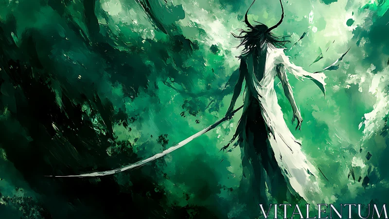 Storm-kissed warrior strides through swirling emerald chaos