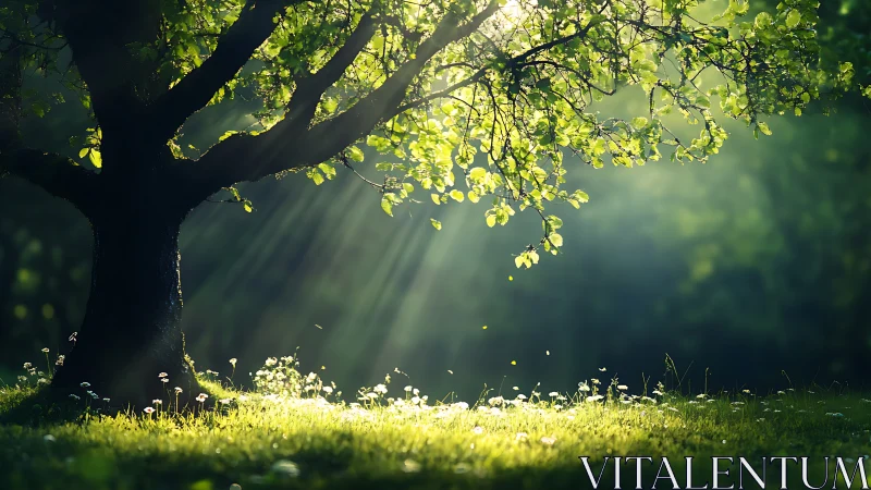 Sunlit Tree in Lush Green Meadow, Peaceful Nature Photography.