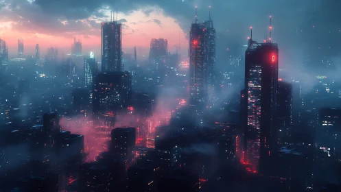 Neon dusk over misty future towers in a dreaming cityscape.