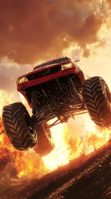 Monster truck airborne over burning terrain at sunset.