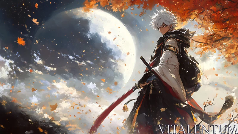 Moonlit wanderer cuts through burning autumn sky.