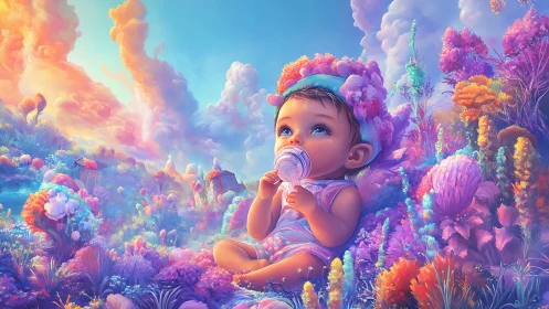 Softly glowing baby dreams in a candy colored fantasy garden