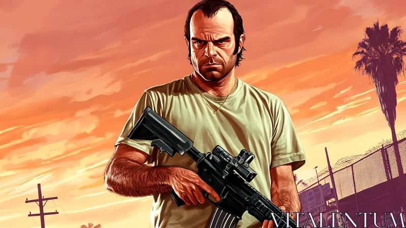 Militarized urban antihero under saturated sunset sky.