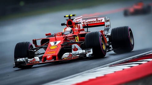 Scarlet formula racer carves wet asphalt into silver ribbons