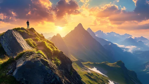 Solitary hiker on radiant alpine ridge at sunset panorama.