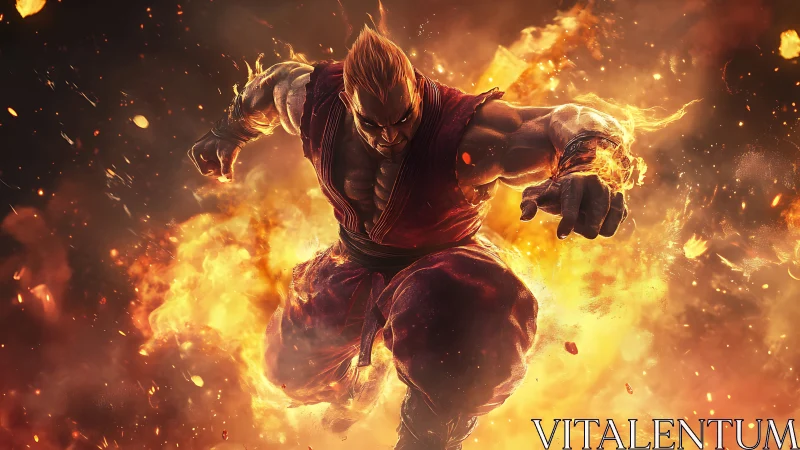 Martial artist descends through flames in dynamic midair pose