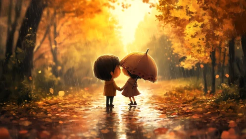 Two Figures Share Umbrella Under Autumn Rain With Golden Backlit Ambiance