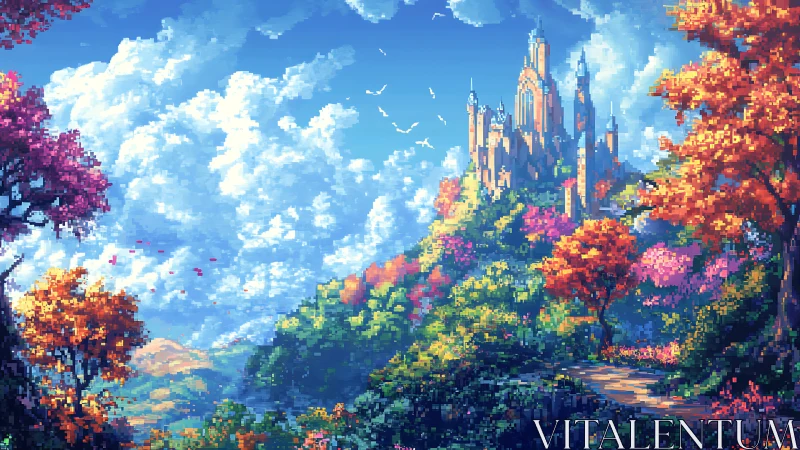 Pixel-bright castle daydream tucked into painted autumn hills.