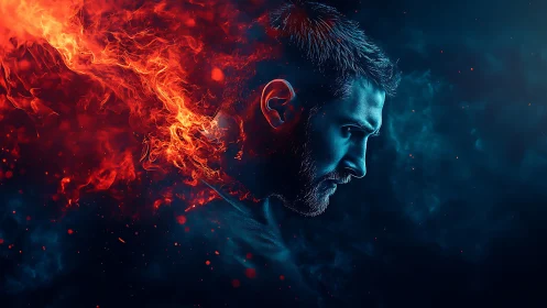 Profile of male head with fiery abstract energy plume.