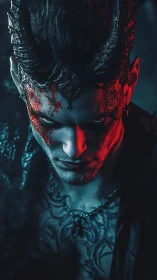Demonic portrait in dual-tone horror digital painting style.