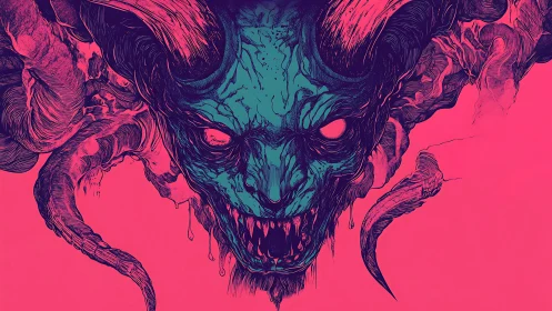 Horned demonic skull illustration in high contrast colors.