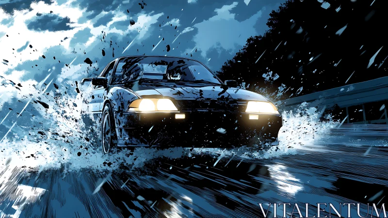 Sport coupe powers through rain-soaked highway in motion.
