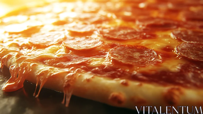 Golden pepperoni pizza closeup with molten cheese pull highlights.