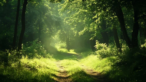 Sunlit Forest Path with Lush Greenery in Serene Morning Light.