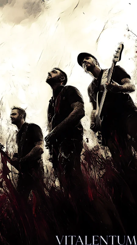 Storm-lit rock trio rise from crimson-painted shadows.