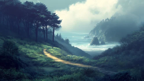 Coastal forest path leading to misty cliffs and sea.
