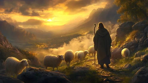 Shepherd figure with sheep in a mountainous sunset valley.