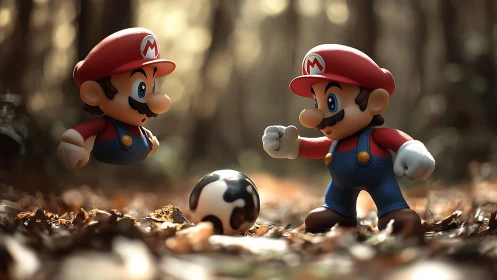 Playful Mario toys share a cozy forest soccer moment