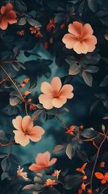 Coral Blossoms Against Deep Teal Foliage