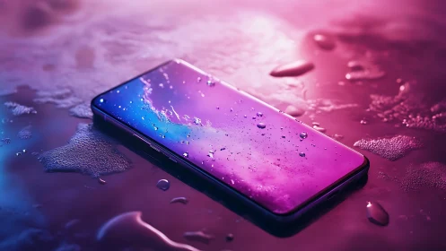Water-resistant smartphone on wet surface under neon lighting