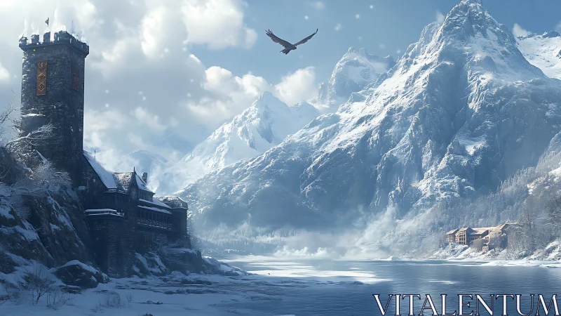 Snowbound stone fortress beside frozen lake and peaks.