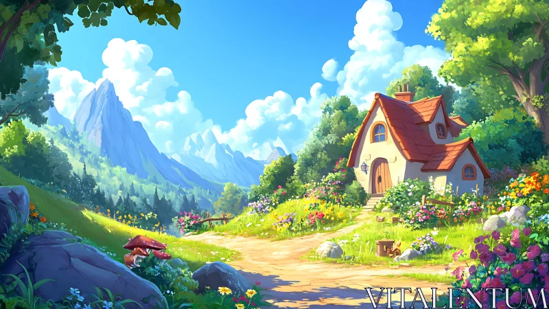 Cottage in flowered valley with mountains and forest backdrop.