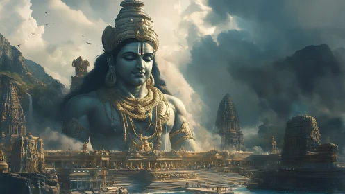 Colossal blue deity over ancient golden river temple complex.