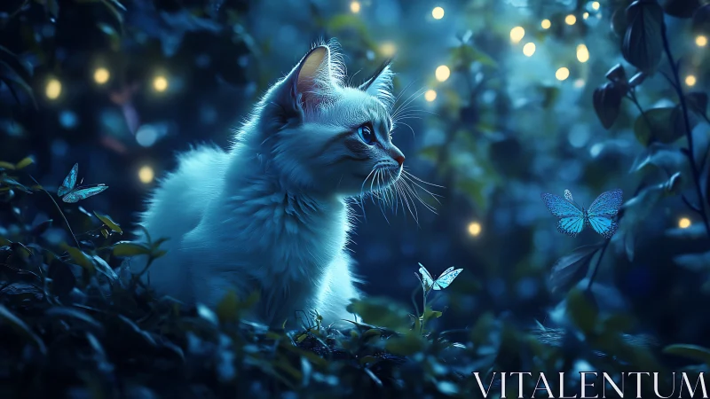 Ethereal White Kitten in Enchanted Forest with Bioluminescent Butterflies.