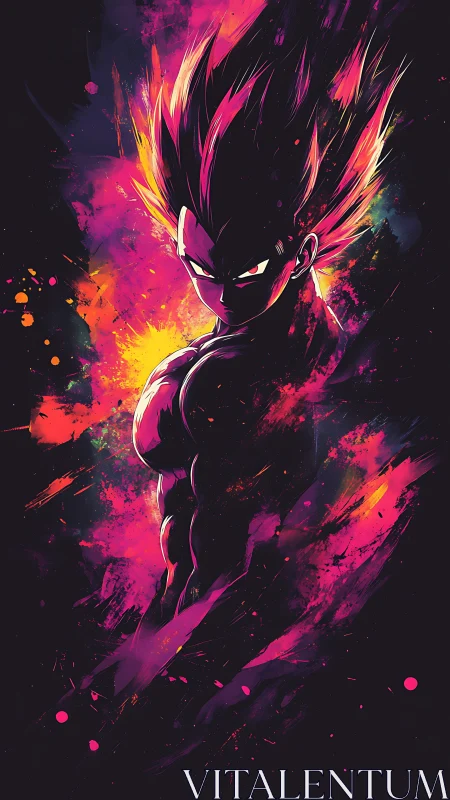 Chromatic energy warrior in neon-splatter silhouette composition.