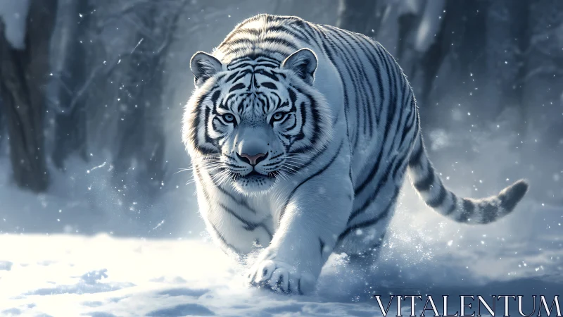 White tiger strides through deep snow with focused intent
