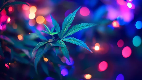 Cannabis leaf under neon bokeh lights at night.