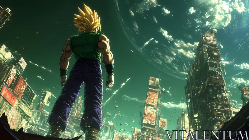 Spiky haired fighter surveys ruined sci fi city skyline.