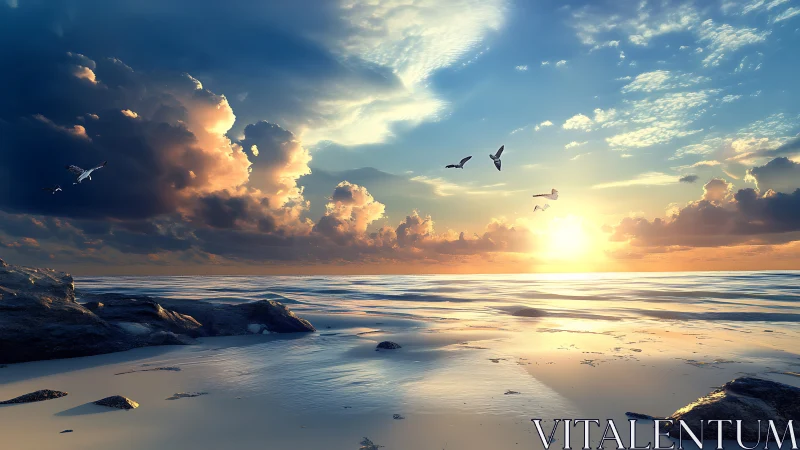 Golden sunrise washes a tranquil rocky shoreline in calm light