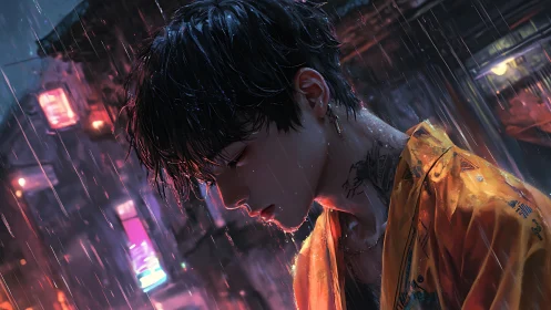 Neon rain drapes a brooding youth in electric solitude.