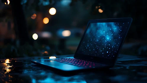 Night laptop with cosmic screen and cinematic bokeh light.
