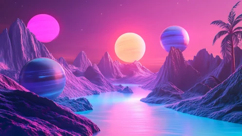 Surreal neon alien landscape shows luminous spheres over water