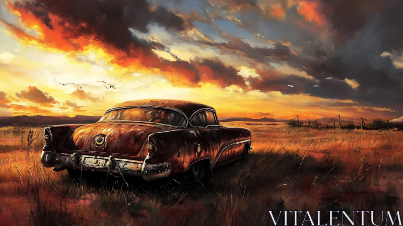 Rust-touched classic car dreaming beneath wildfire sunset skies.