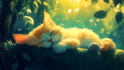 Golden Cat Dreaming in Dappled Forest Light.
