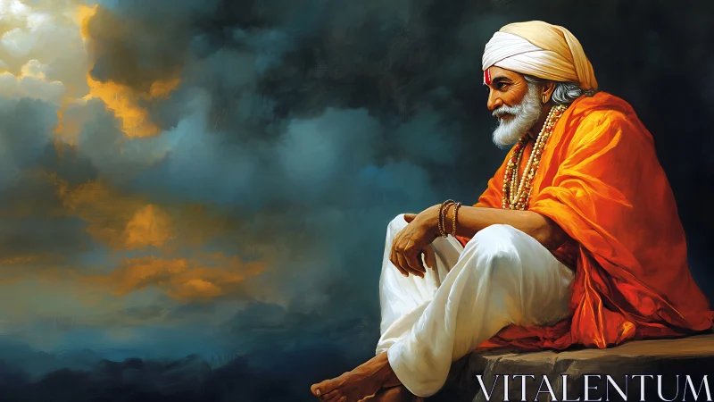 Elderly Indian sage in saffron robes under dramatic storm sky