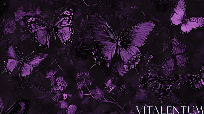 Ultraviolet butterfly pattern on dark botanical illustration background
