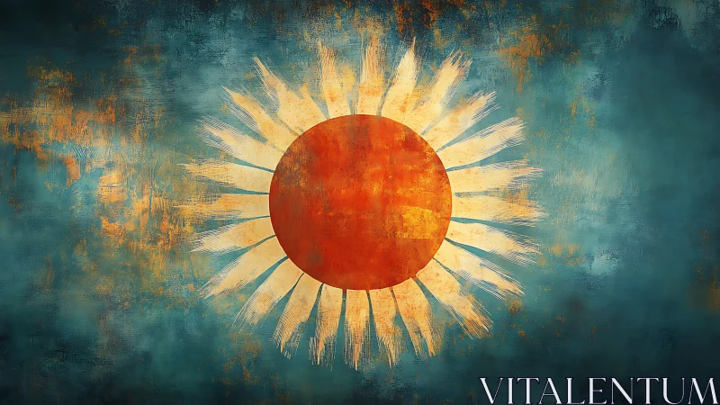Abstract sun symbol with textured teal and orange field.
