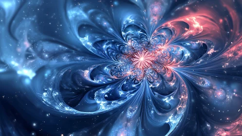Fractal cosmic flower with swirling blue and pink light.