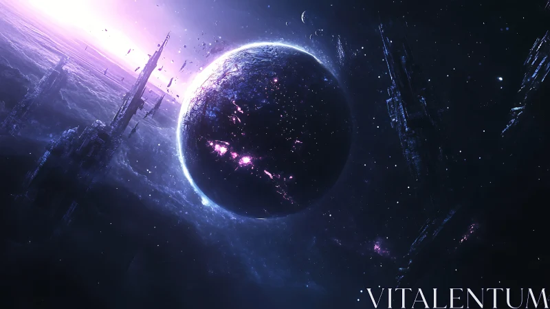 Violet exoplanet orbiting amid fractured megastructures.