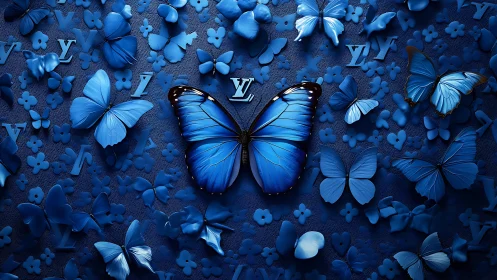 Blue butterfly arrangement with branded monogram elements.