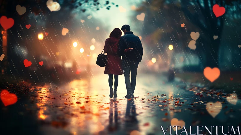 Two people walking together in heavy rain with heart-shaped bokeh lights.